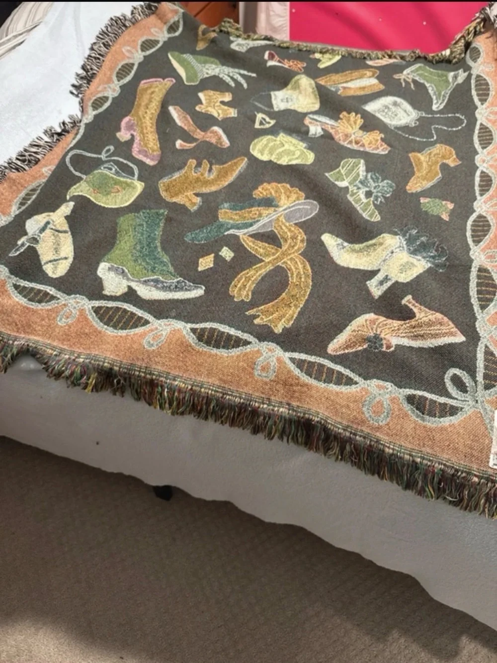 vintage Pat Cockrell Tapestry Throw Blanket Victorian Shoes Hats Purse